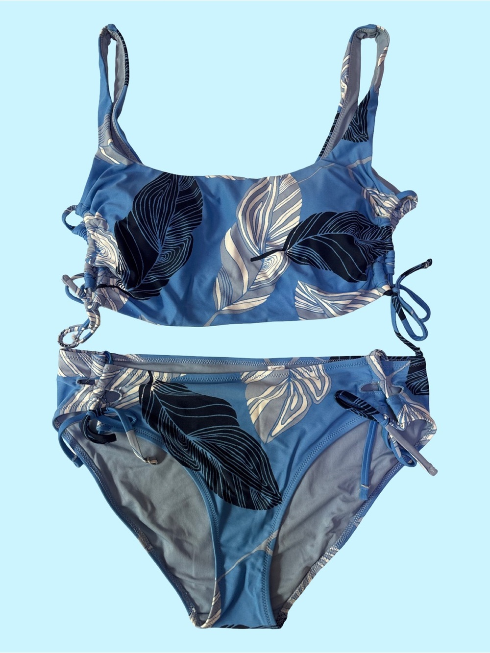 Aerie Blue Leaf Print Bikini Set with side ties (Med top/Lg bottom)